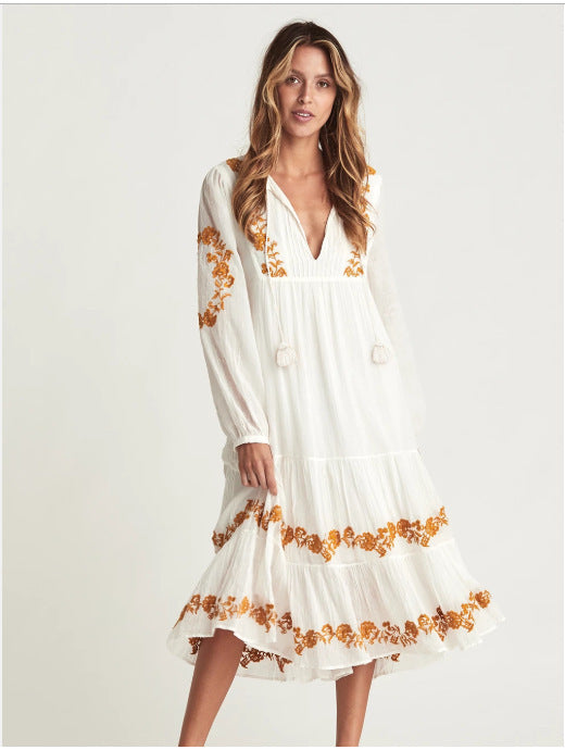 Gold and White Dress Elegant White Embroidered Cotton Midi Dress Boho British Style