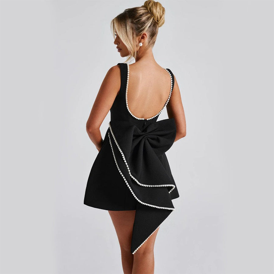 Bowed Pearl Backless Dress – Elegant Sleeveless A-Line Party Evening Outfit