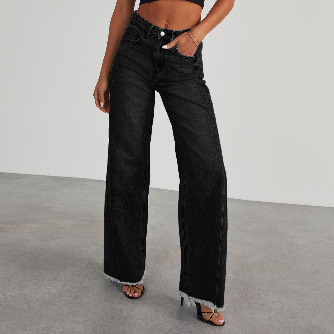 Women's High-Waisted Slim-Fit Wide-Leg Jeans with Pockets – Comfortable Straight-Leg Denim Pants USA