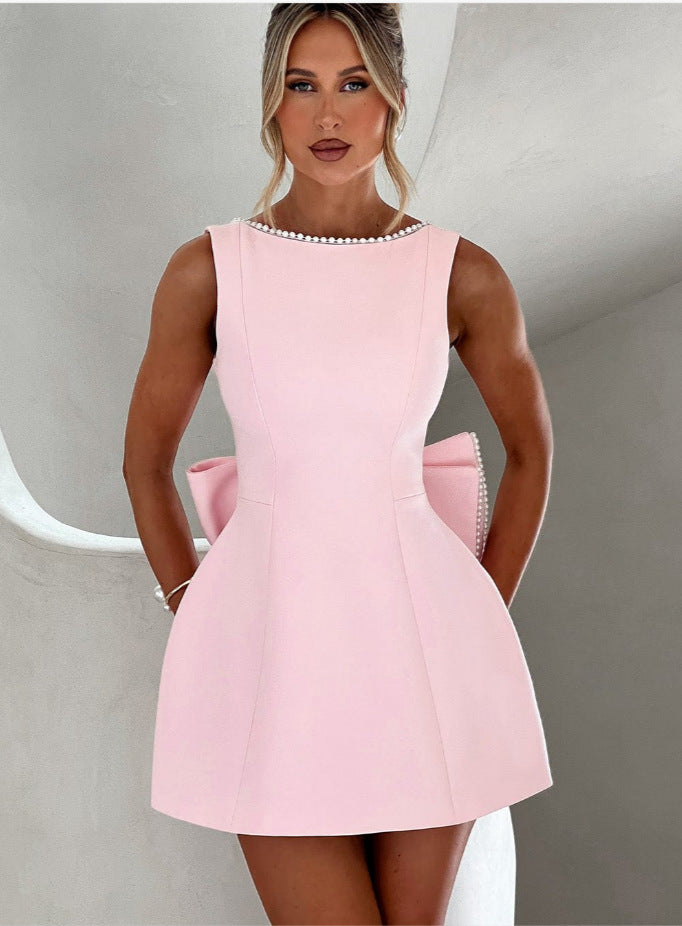 Bowed Pearl Backless Dress – Elegant Sleeveless A-Line Party Evening Outfit
