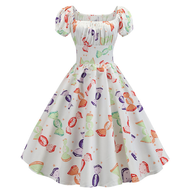Vintage Tea Print Dress Whimsical Summer Retro Look -ShopySquares