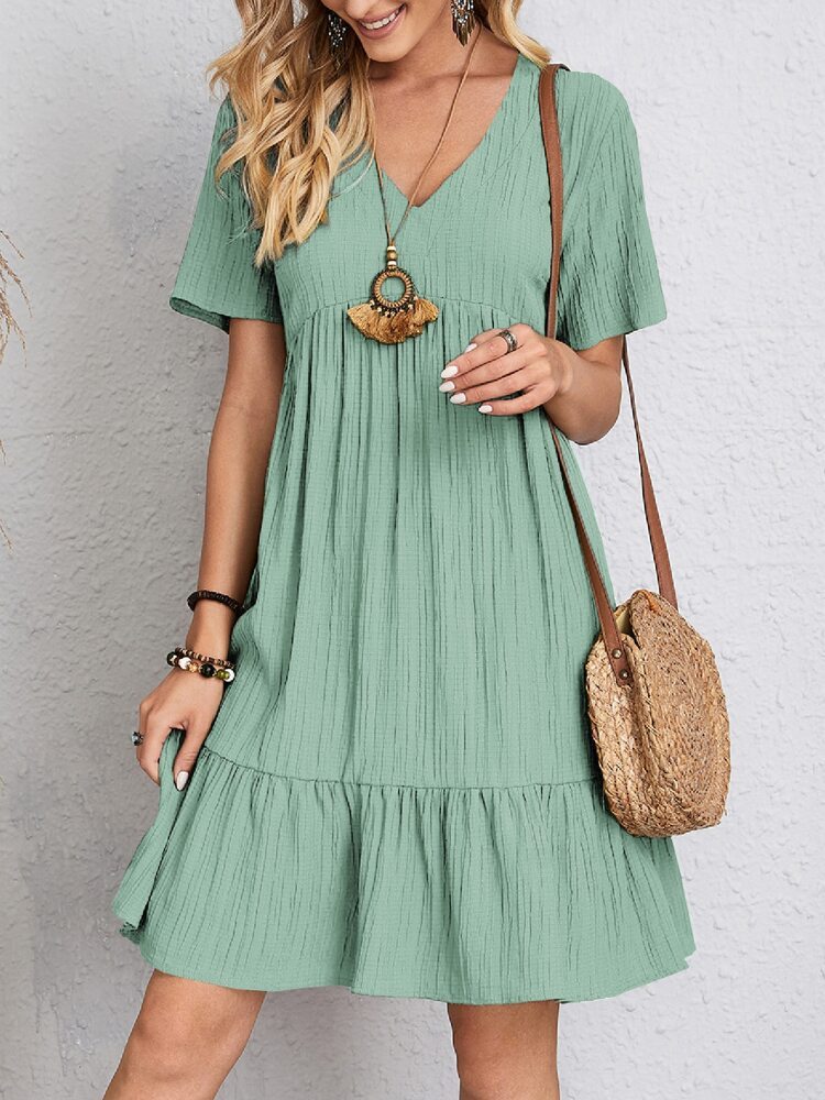 V-Neck Ruffle Summer Dress Casual Loose Short Sleeve Beach Outfit