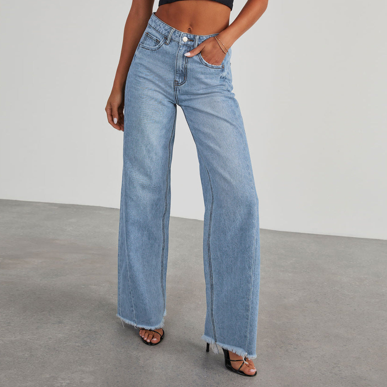 Women's High-Waisted Slim-Fit Wide-Leg Jeans with Pockets – Comfortable Straight-Leg Denim Pants USA