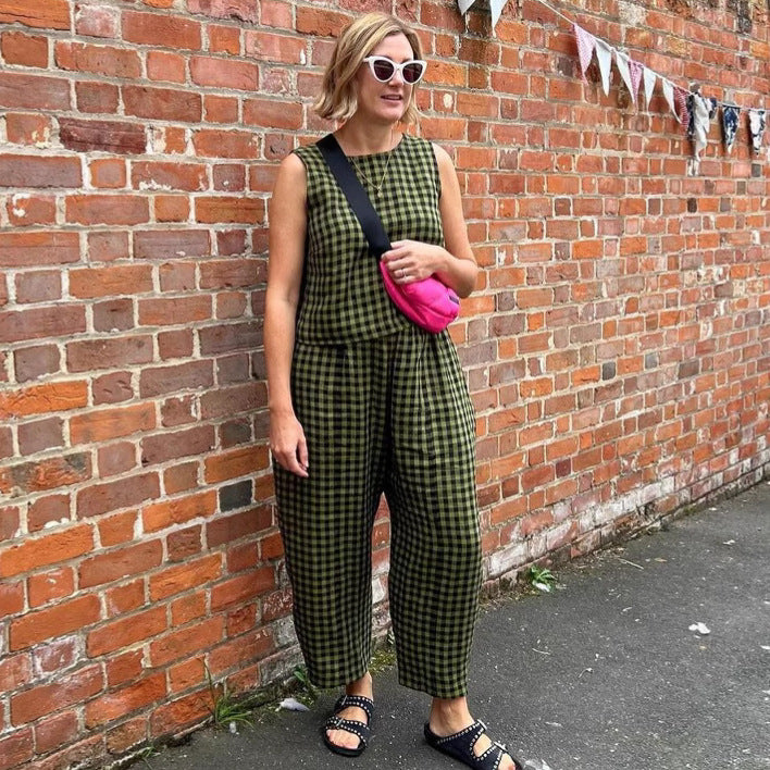 Army green plaid sleeveless cotton vest and pants outfit for women – loose fit casual set