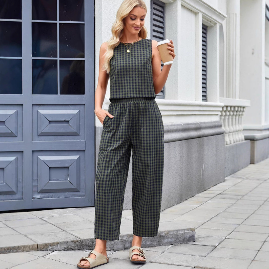 Women's khaki sleeveless plaid vest and cropped pants set – casual cotton streetwear