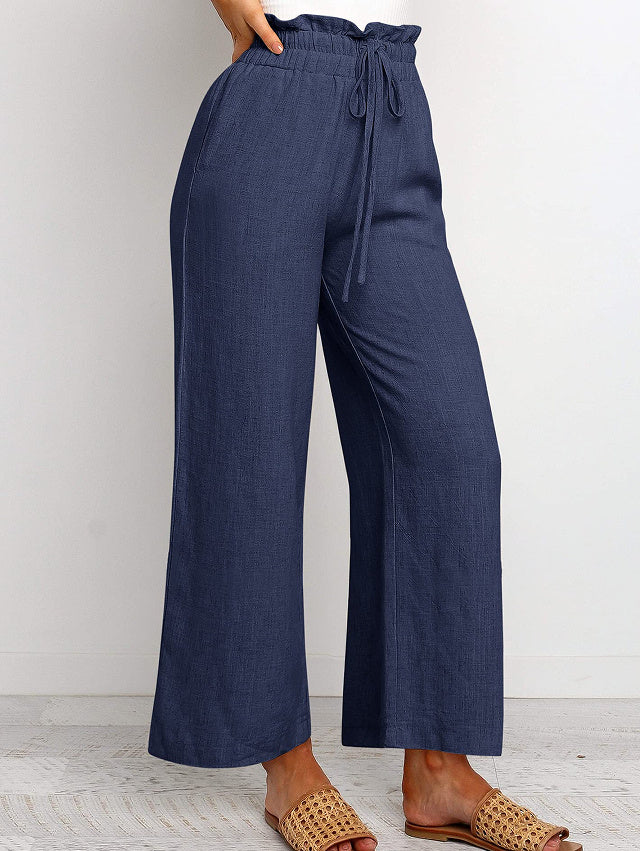 Women's Cotton-Linen Wide Leg Cropped Pants – Elastic Waist & Lace-Up Detail | Casual Japanese-Korean Style USA
