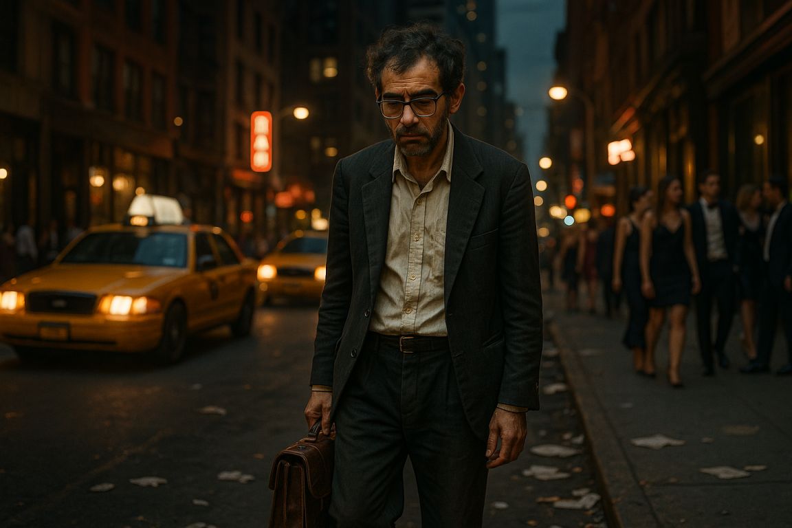 AI Prompt – Tired Man Walking Alone in Modern City Street