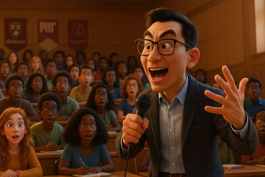 AI Prompt – Energetic Cartoon Teacher Impresses University Students