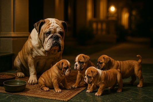 AI Prompt – Bulldog Watching Puppies Indoors at Night