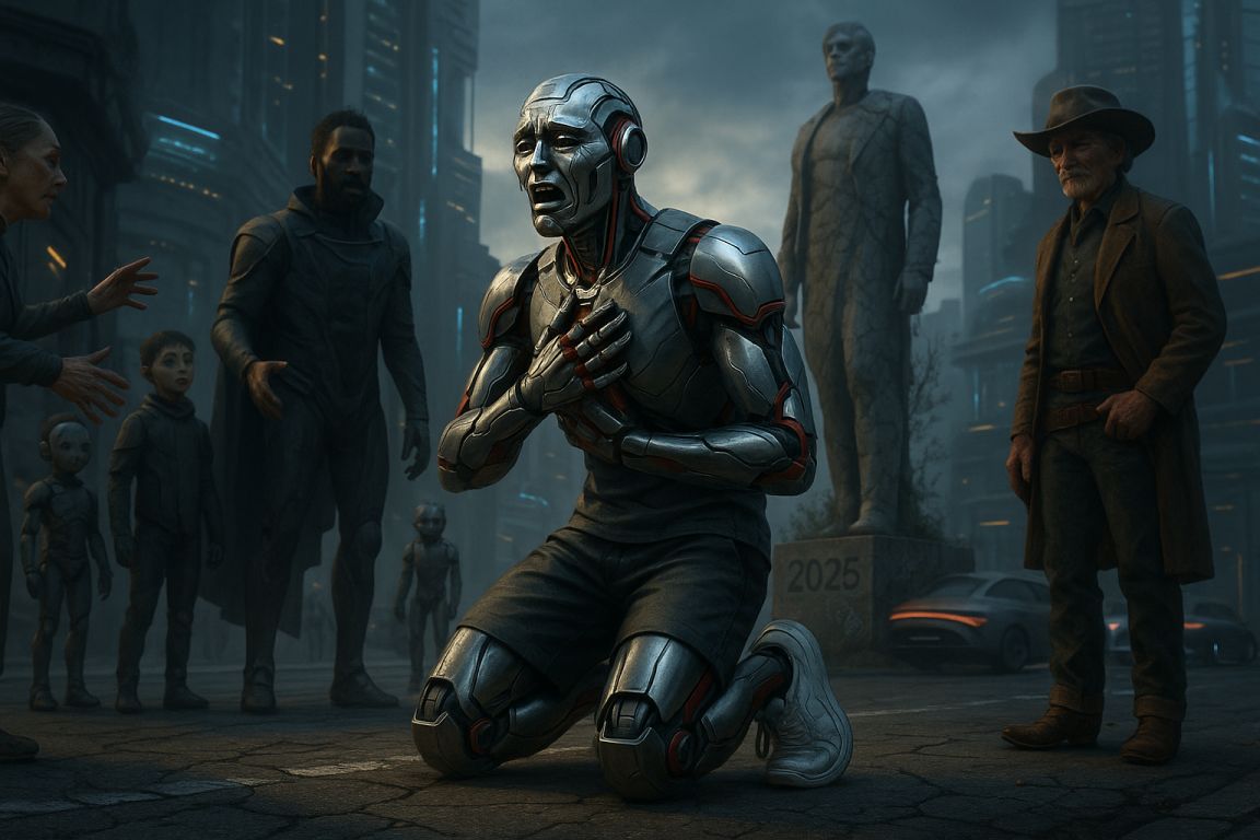 AI Prompt – Emotional Robot Kneeling in Futuristic City