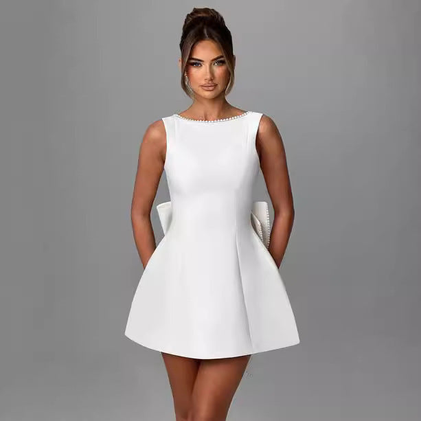 Bowed Pearl Backless Dress – Elegant Sleeveless A-Line Party Evening Outfit