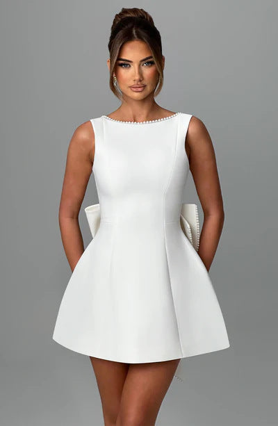Bowed Pearl Backless Dress – Elegant Sleeveless A-Line Party Evening Outfit