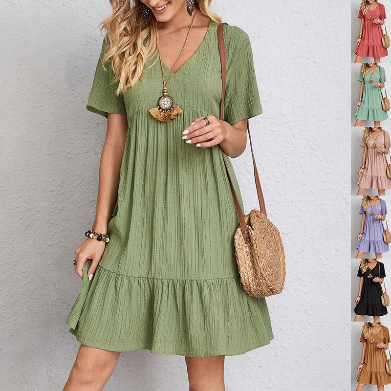 V-Neck Ruffle Summer Dress Casual Loose Short Sleeve Beach Outfit