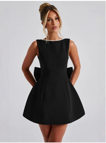 Bowed Pearl Backless Dress – Elegant Sleeveless A-Line Party Evening Outfit