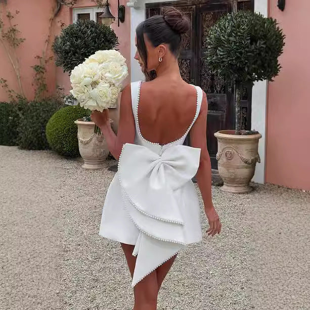 Bowed Pearl Backless Dress – Elegant Sleeveless A-Line Party Evening Outfit