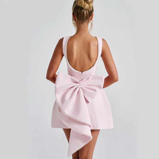 Bowed Pearl Backless Dress – Elegant Sleeveless A-Line Party Evening Outfit