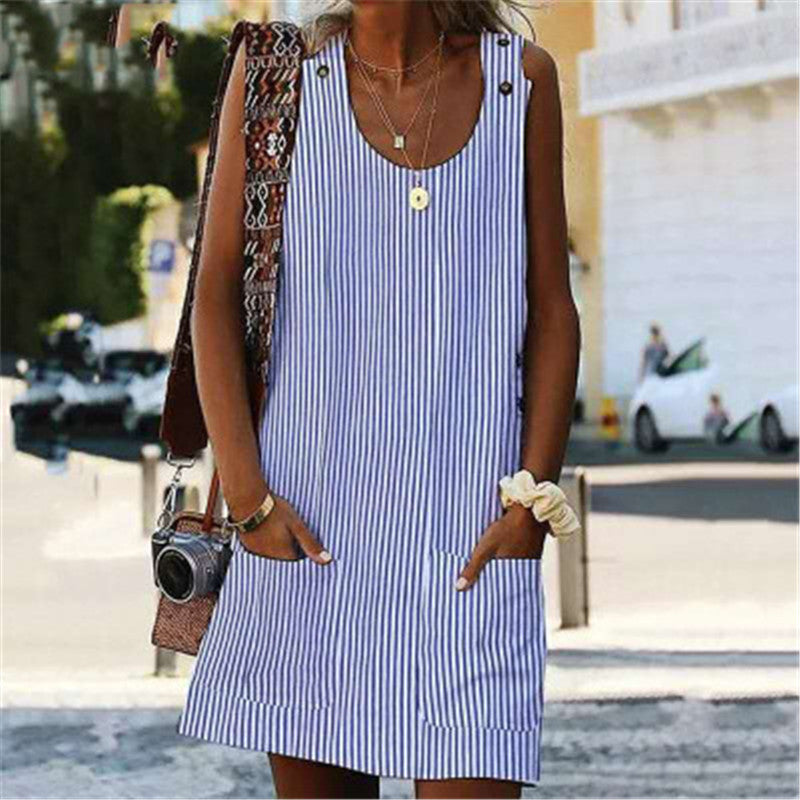 Casual Straight Slimming Mini Dress Summer Sleeveless U-Neck Dress with Pockets