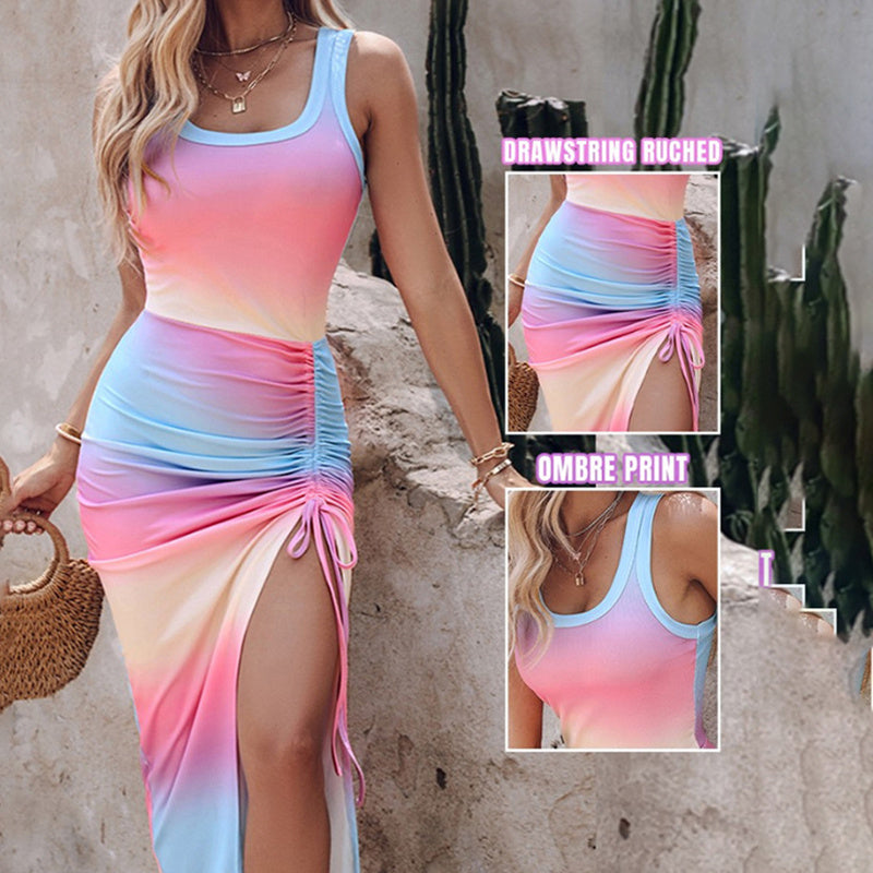 Women’s Sexy Sleeveless Bodycon Dress – Ruched Drawstring Side Split