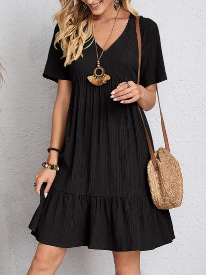 V-Neck Ruffle Summer Dress Casual Loose Short Sleeve Beach Outfit
