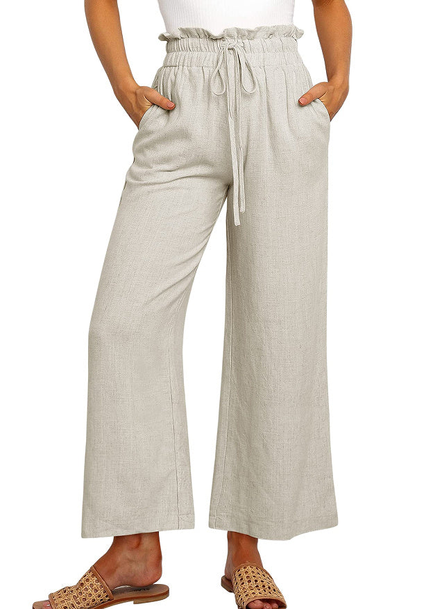 Women's Cotton-Linen Wide Leg Cropped Pants – Elastic Waist &amp; Lace-Up Detail | Casual Japanese-Korean Style USA