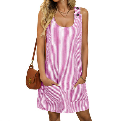 Casual Straight Slimming Mini Dress Summer Sleeveless U-Neck Dress with Pockets