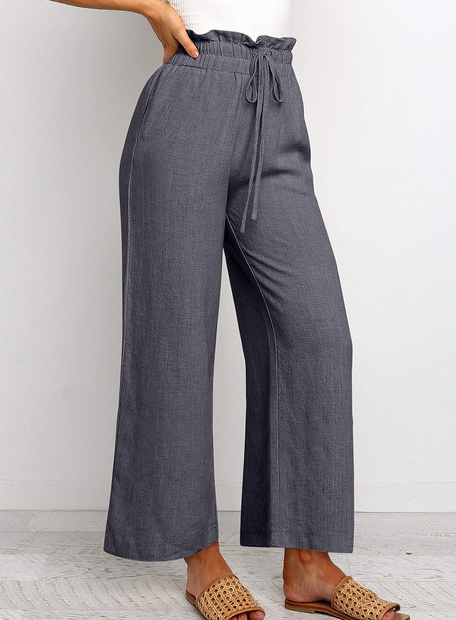 Women's Cotton-Linen Wide Leg Cropped Pants – Elastic Waist &amp; Lace-Up Detail | Casual Japanese-Korean Style USA