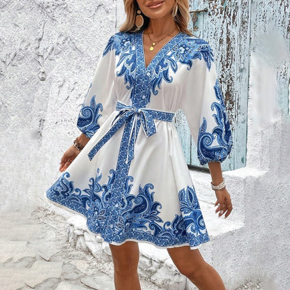 Women's Floral V-Neck Midi Dress – Elegant Wrap Design with Lantern Sleeves USA