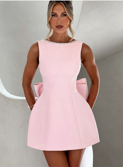 Bowed Pearl Backless Dress – Elegant Sleeveless A-Line Party Evening Outfit