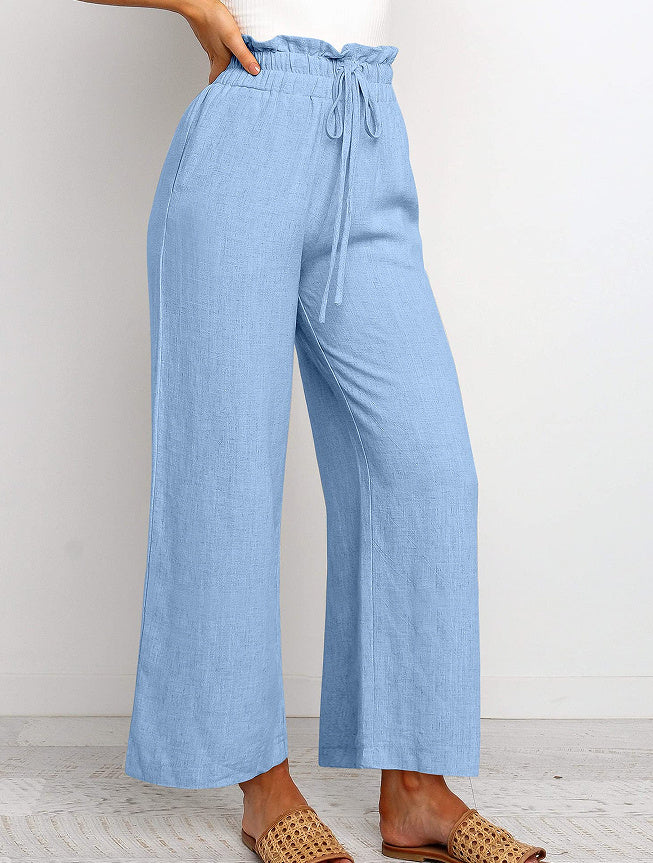 Women's Cotton-Linen Wide Leg Cropped Pants – Elastic Waist &amp; Lace-Up Detail | Casual Japanese-Korean Style USA