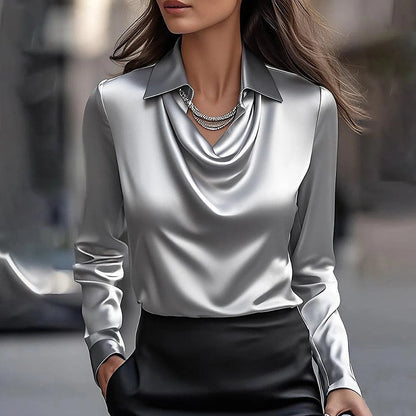 Elegant Women’s Long Sleeve Blouse with Draped Neckline