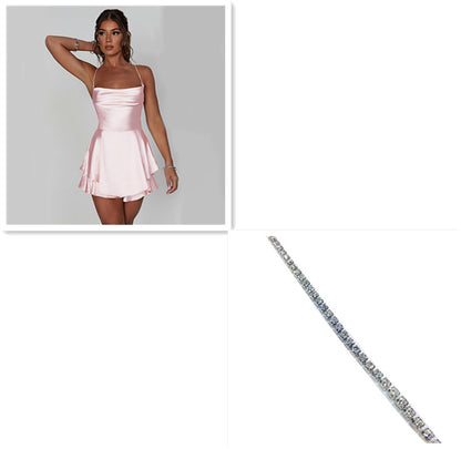 Sexy Satin Backless Dress – Elegant Short A-Line Sling Mini Dress