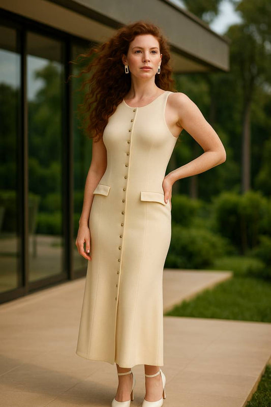 Knitted Sleeveless Midi Dress – Chic Everyday Elegance in Almond & Blue | Shopysquares
