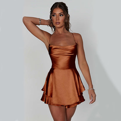 Sexy Satin Backless Dress – Elegant Short A-Line Sling Mini Dress