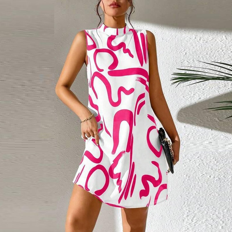 European-style floral print dress with stand collar, lightweight polyester fabric – elegant and perfect for summer.
