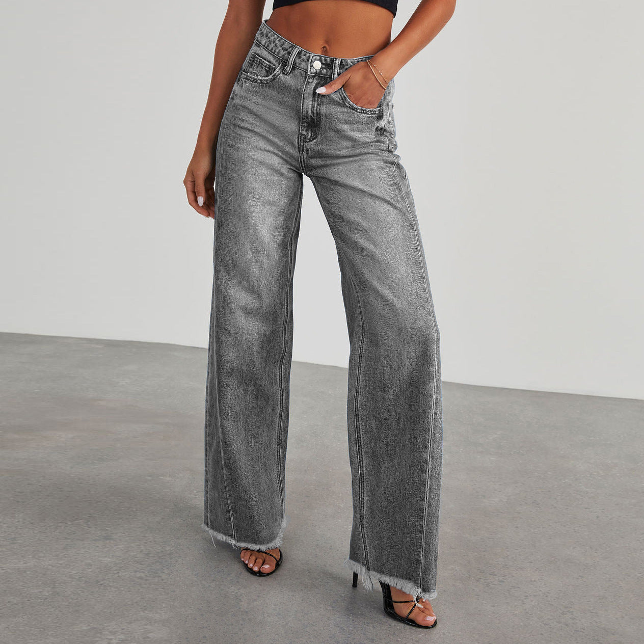 Women's High-Waisted Slim-Fit Wide-Leg Jeans with Pockets – Comfortable Straight-Leg Denim Pants USA