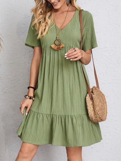 V-Neck Ruffle Summer Dress Casual Loose Short Sleeve Beach Outfit