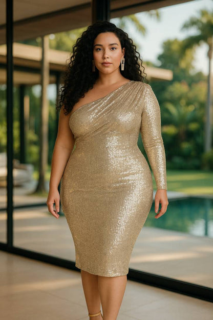 White and Gold One-Shoulder Sequin Dress