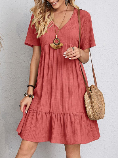 V-Neck Ruffle Summer Dress Casual Loose Short Sleeve Beach Outfit