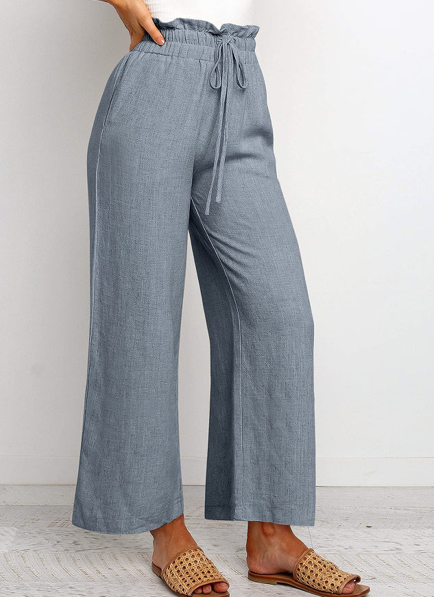 Women's Cotton-Linen Wide Leg Cropped Pants – Elastic Waist &amp; Lace-Up Detail | Casual Japanese-Korean Style USA