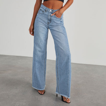 Women's High-Waisted Slim-Fit Wide-Leg Jeans with Pockets – Comfortable Straight-Leg Denim Pants USA