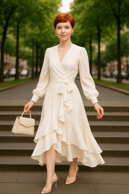 Elegant woman wearing a white long sleeve ruffle dress with V-neck | Shopysquares.com