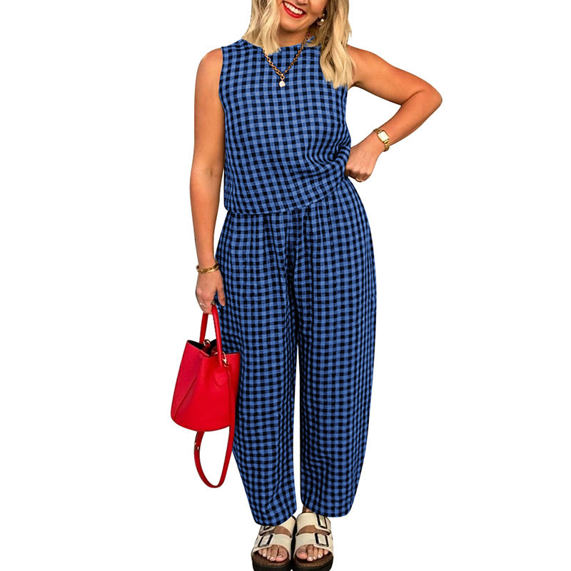 Blue plaid cotton two-piece vest and pants set for women – summer street style