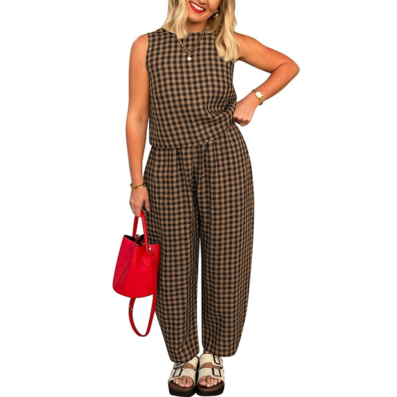 Women's khaki sleeveless plaid vest and cropped pants set – casual cotton streetwear