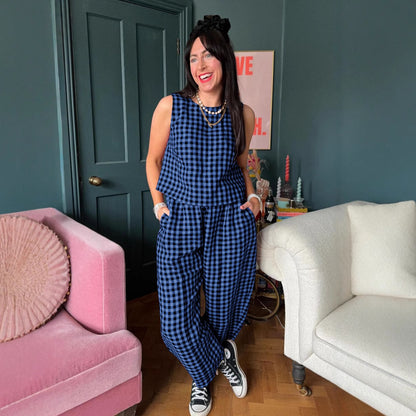 Blue plaid cotton two-piece vest and pants set for women – summer street style