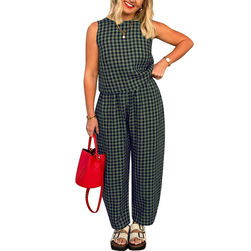 Army green plaid sleeveless cotton vest and pants outfit for women – loose fit casual set