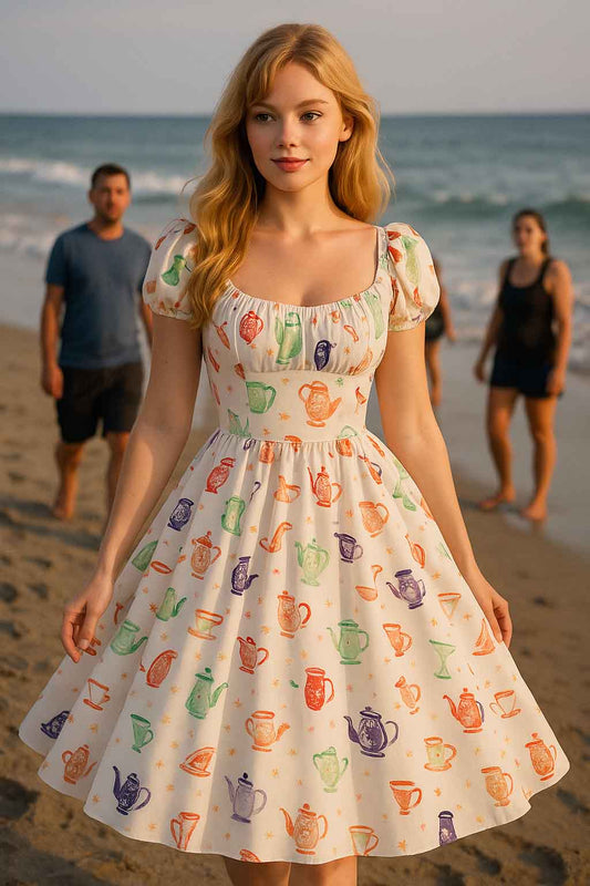 Vintage Tea Print Dress Whimsical Summer Retro Look -ShopySquares