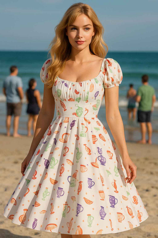 Vintage Tea Print Dress Whimsical Summer Retro Look -ShopySquares