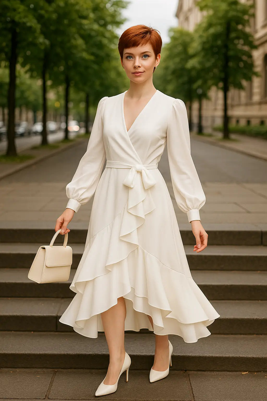 Stylish long sleeve white dress made from satin polyester | shopysquares.com