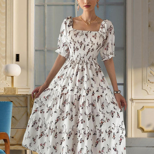 Women’s Boho Floral Print Square Neck A-Line Summer Dress