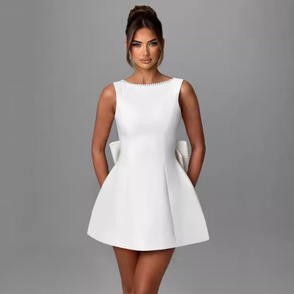 Bowed Pearl Backless Dress – Elegant Sleeveless A-Line Party Evening Outfit